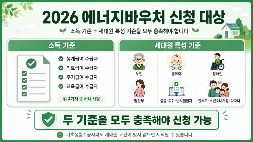 에너지바우처 신청 대상과 세대원 특성 기준을 정리한 인포그래픽