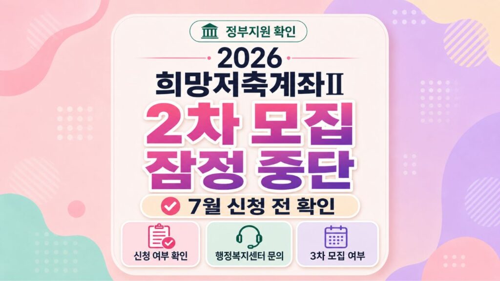 2026 희망저축계좌Ⅱ 2차 모집 잠정 중단과 7월 신청 전 확인 사항을 안내하는 이미지