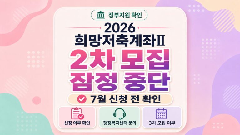 2026 희망저축계좌Ⅱ 2차 모집 잠정 중단과 7월 신청 전 확인 사항을 안내하는 이미지