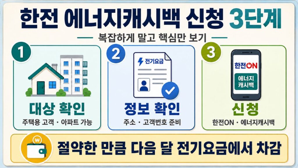 주택용 고객과 아파트의 한전 에너지캐시백 신청 3단계를 안내하는 인포그래픽