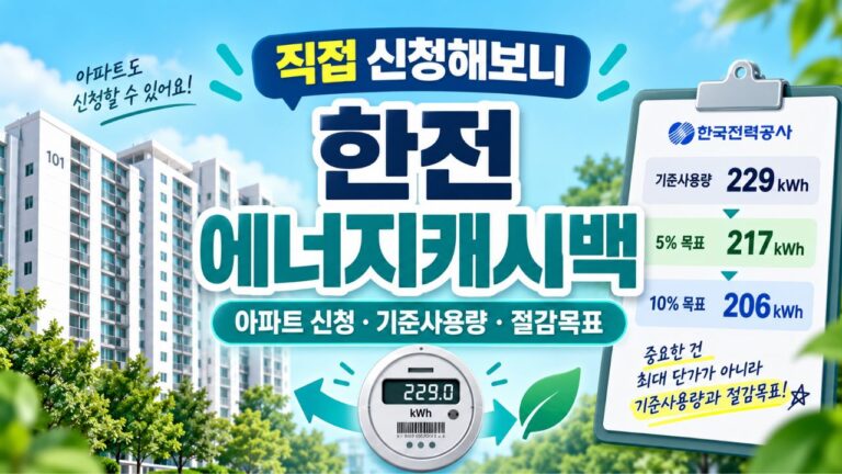 한전 에너지캐시백 기준사용량 229kWh와 5% 217kWh, 10% 206kWh 절감 목표를 보여주는 썸네일