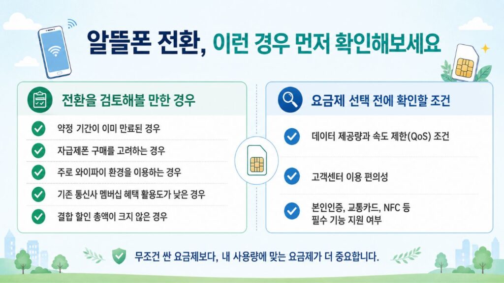 알뜰폰 전환을 검토해볼 만한 경우와 요금제 선택 전에 확인할 조건을 정리한 인포그래픽