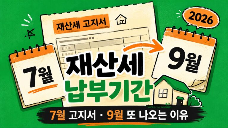 7월과 9월 재산세 납부 시기를 함께 보여주는 썸네일 이미지. 중앙에 ‘재산세 납부기간’ 제목이 있고, 왼쪽 7월 달력과 오른쪽 9월 달력, 고지서와 집 아이콘, 화살표가 배치되어 재산세가 7월과 9월에 나뉘어 부과된다는 내용을 표현한 이미지.