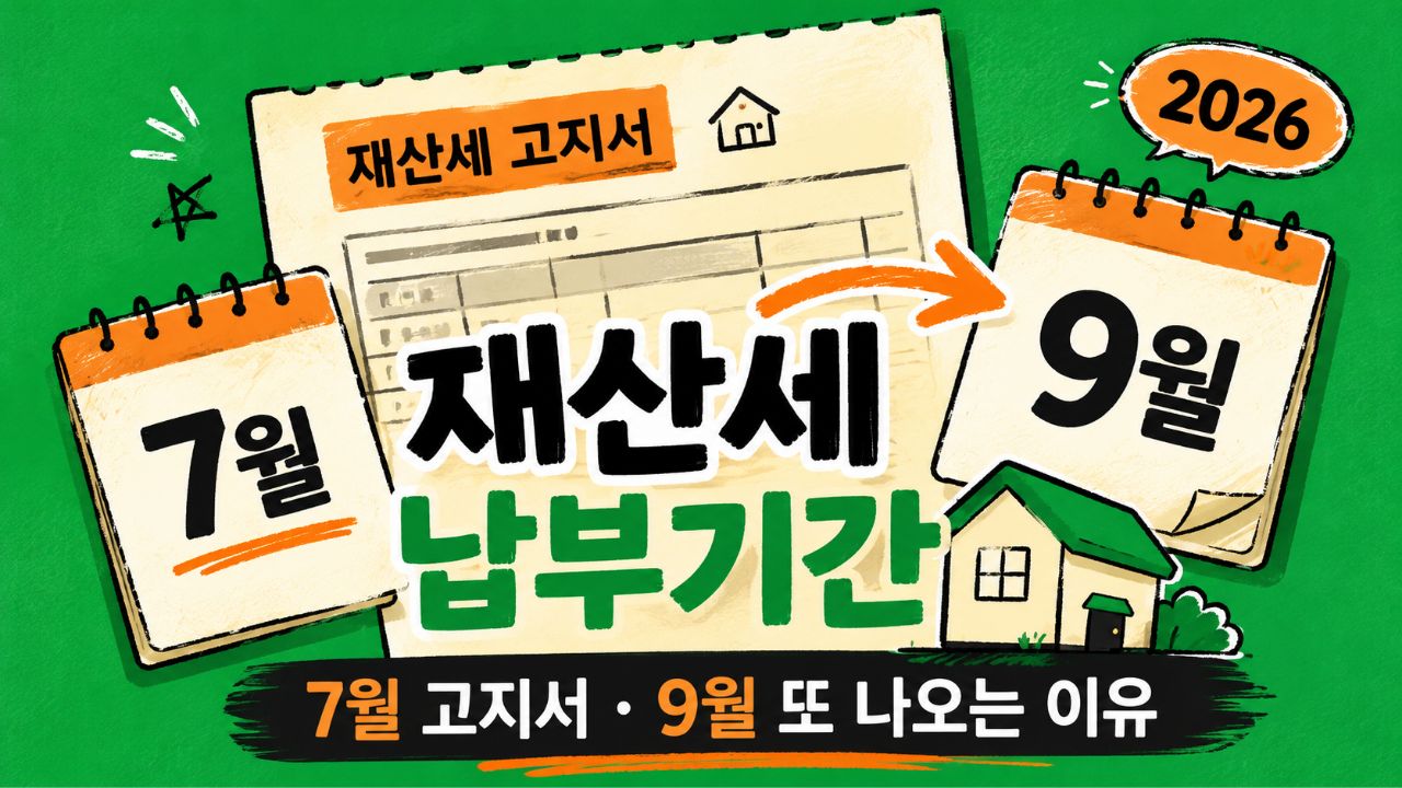 7월과 9월 재산세 납부 시기를 함께 보여주는 썸네일 이미지. 중앙에 ‘재산세 납부기간’ 제목이 있고, 왼쪽 7월 달력과 오른쪽 9월 달력, 고지서와 집 아이콘, 화살표가 배치되어 재산세가 7월과 9월에 나뉘어 부과된다는 내용을 표현한 이미지.