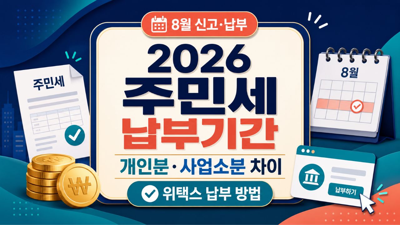 2026 주민세 납부기간을 안내하는 썸네일로, 8월 신고·납부 문구와 함께 주민세 납부기간, 개인분·사업소분 차이, 위택스 납부 방법을 강조한 이미지