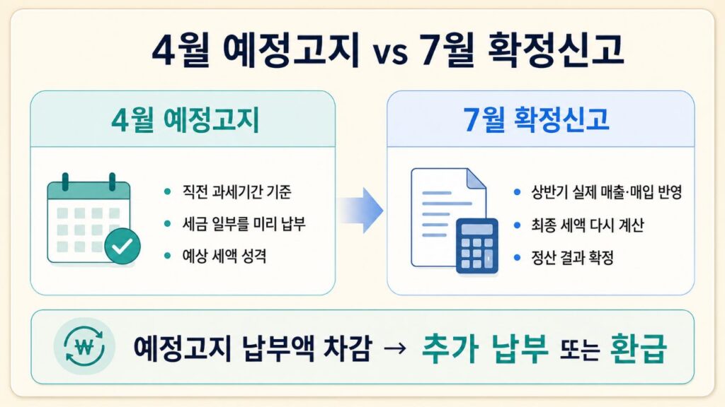 4월 부가세 예정고지와 7월 확정신고 차이를 비교한 이미지