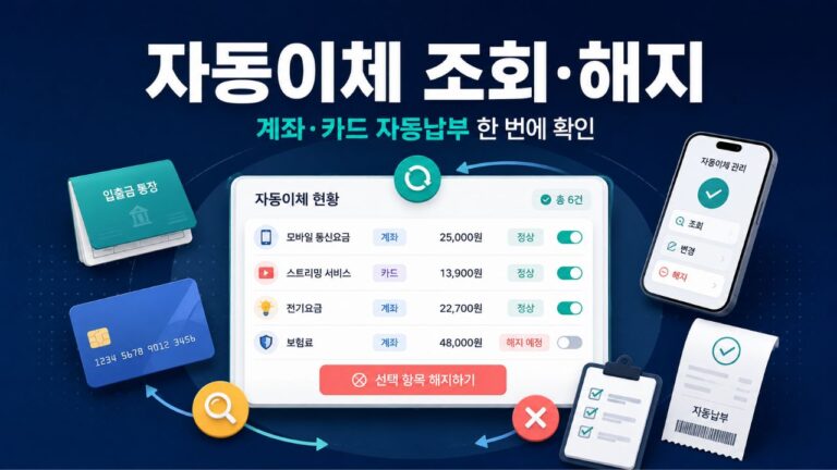 자동이체 조회·해지와 계좌·카드 자동납부 통합확인을 보여주는 썸네일
