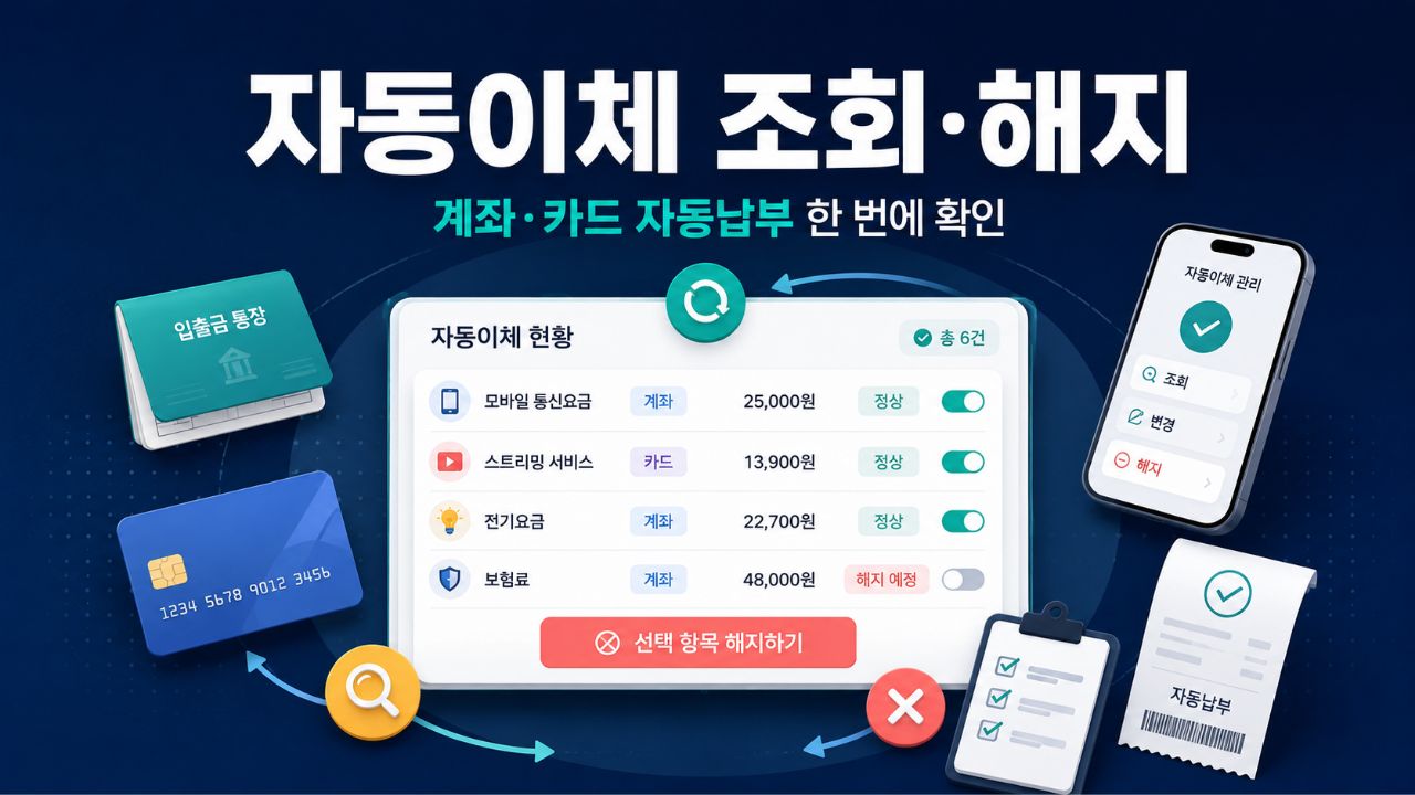 자동이체 조회·해지와 계좌·카드 자동납부 통합확인을 보여주는 썸네일
