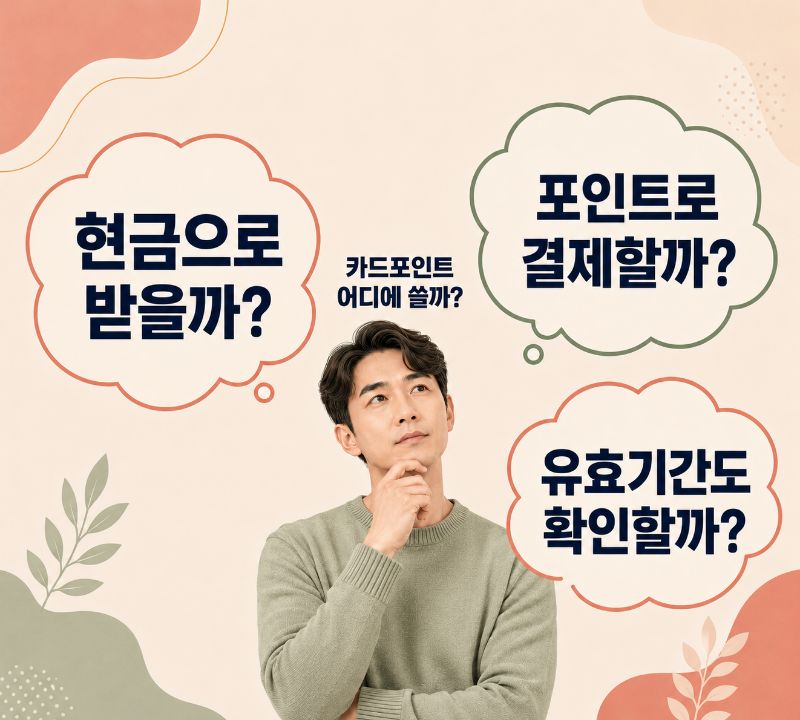 카드포인트를 현금화할지 포인트 결제와 마일리지 전환에 사용할지 고민하는 모습