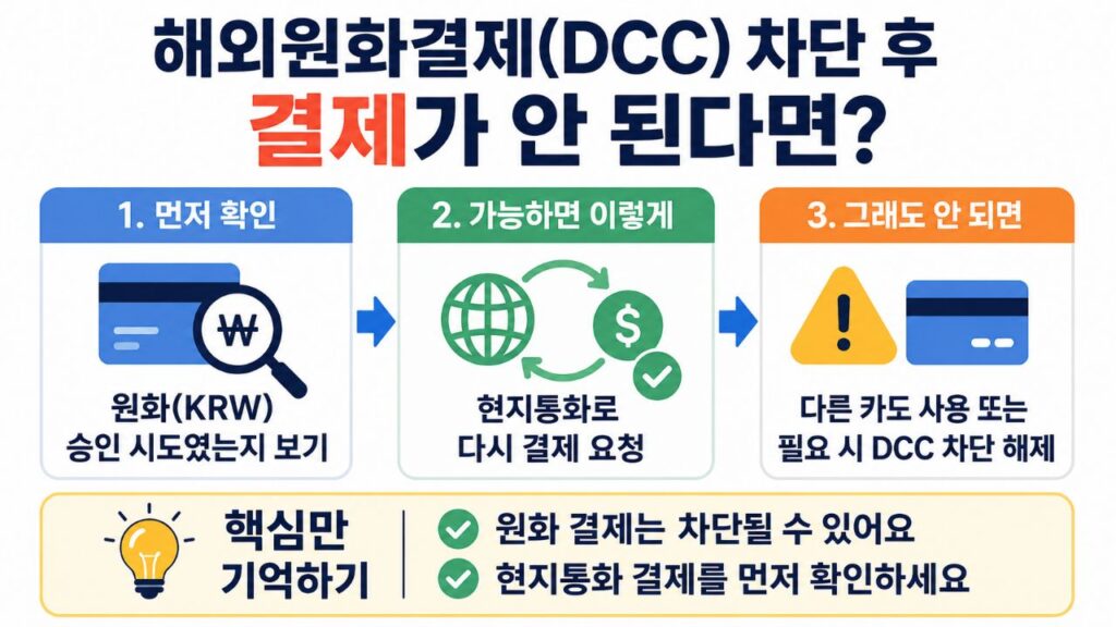 DCC 차단 후 결제가 안 될 때 원화 승인 여부 확인, 현지통화 재결제, 차단 해제 순서를 정리한 인포그래픽