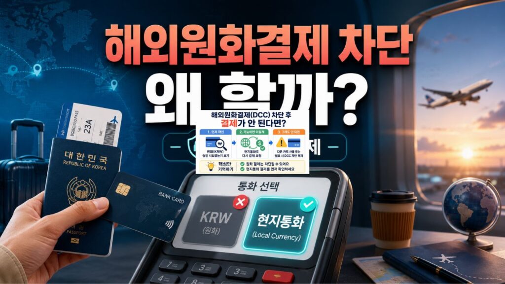 해외원화결제 차단 이유와 DCC 차단·해제, 현지통화 선택을 표현한 이미지