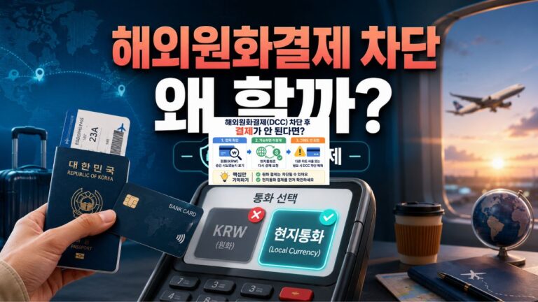해외원화결제 차단 이유와 DCC 차단·해제, 현지통화 선택을 표현한 이미지