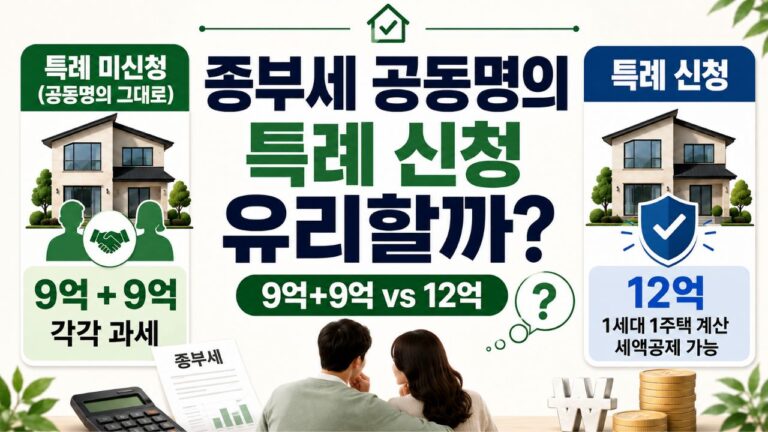 종부세 공동명의 1주택자 특례 미신청과 신청 시 9억+9억, 12억 공제를 비교한 이미지
