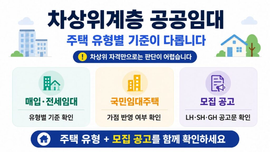차상위계층 공공임대는 주택 유형별 기준이 다르다는 안내 인포그래픽