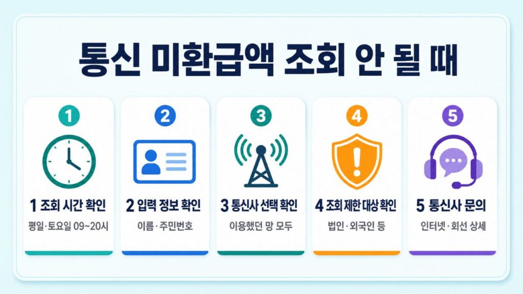 통신 미환급액이 조회되지 않을 때 조회 시간과 입력 정보, 통신사 선택 등을 확인하는 5단계 안내