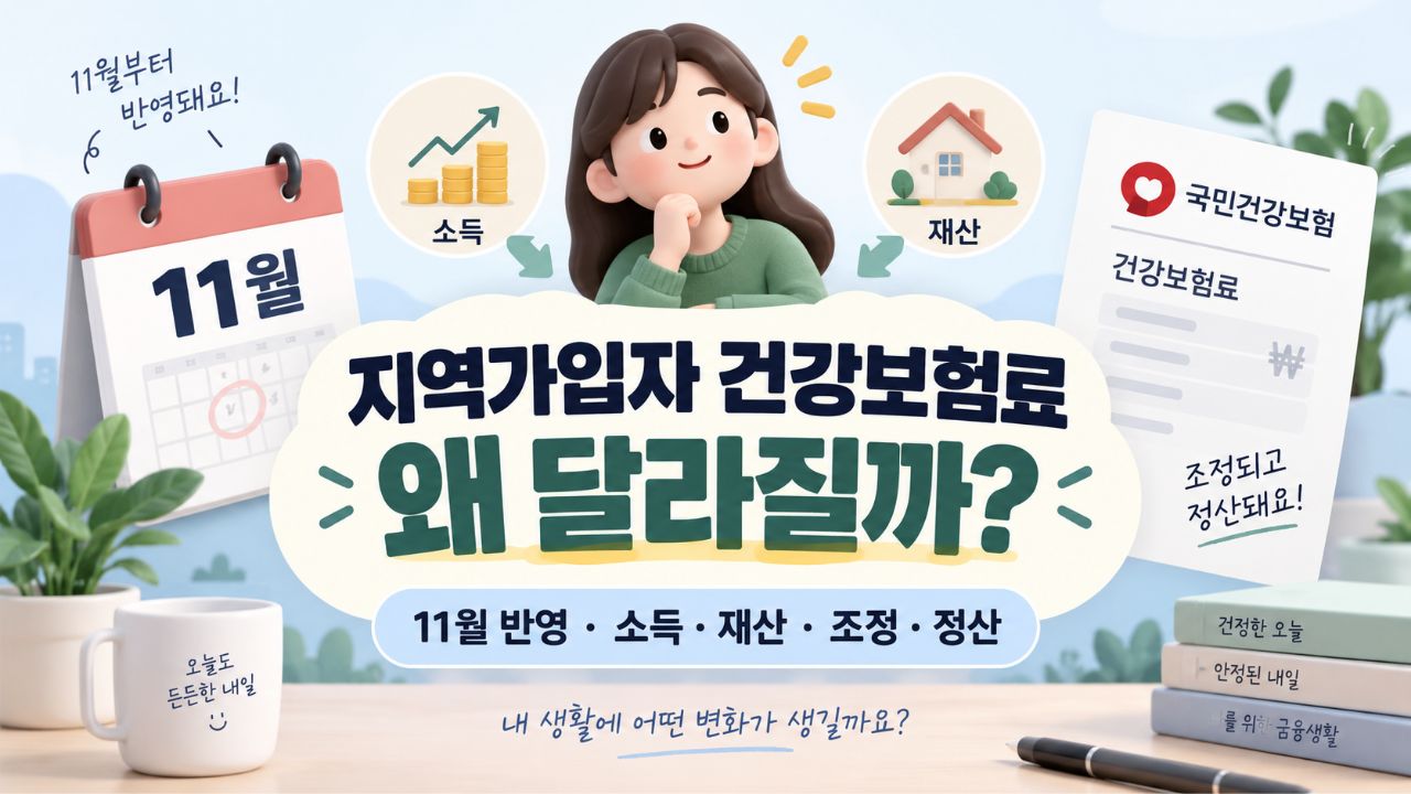 11월 달력과 소득·재산 아이콘으로 지역가입자 건강보험료 변화를 표현한 썸네일