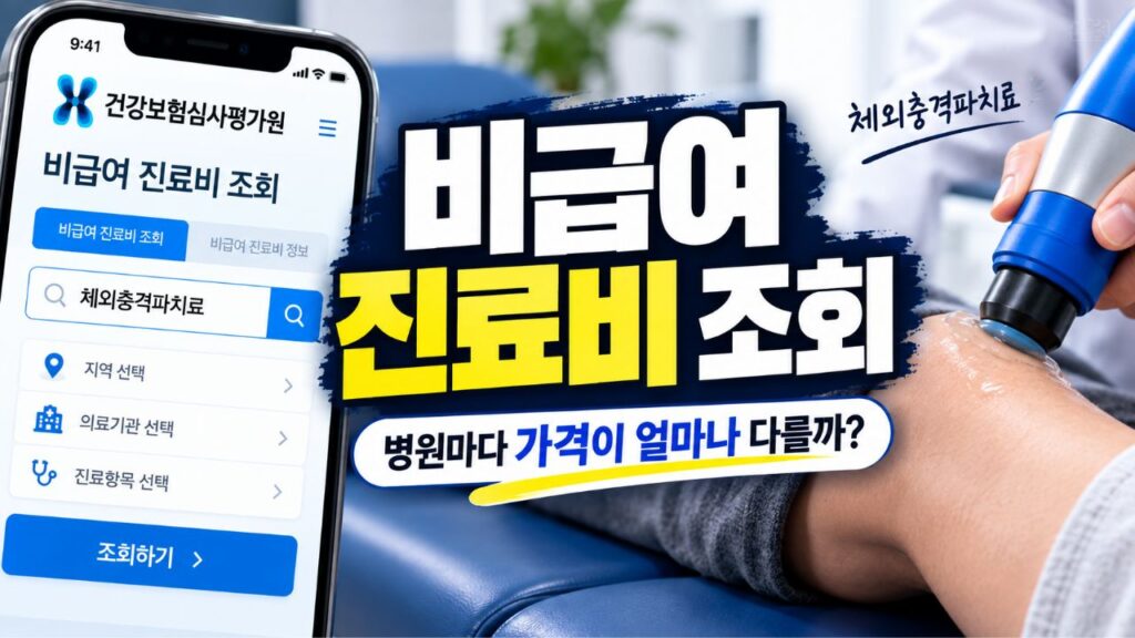 심평원 비급여 진료비 조회 화면과 체외충격파치료 장면을 함께 보여주는 썸네일