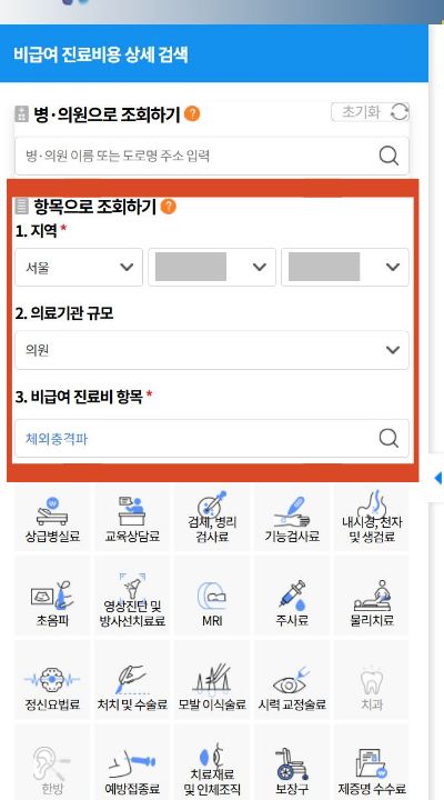 심평원 비급여 진료비 조회에서 지역과 의료기관 종류를 선택하고 체외충격파치료를 검색하는 화면