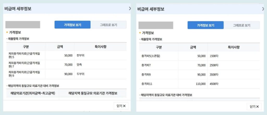 체외충격파치료 비급여 세부정보 비교 화면